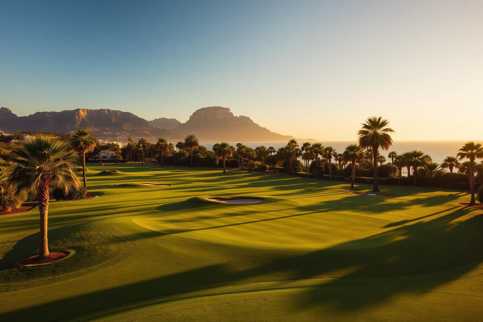 Costa del Sol golf course at golden hour with palm trees and mountains near Marbella