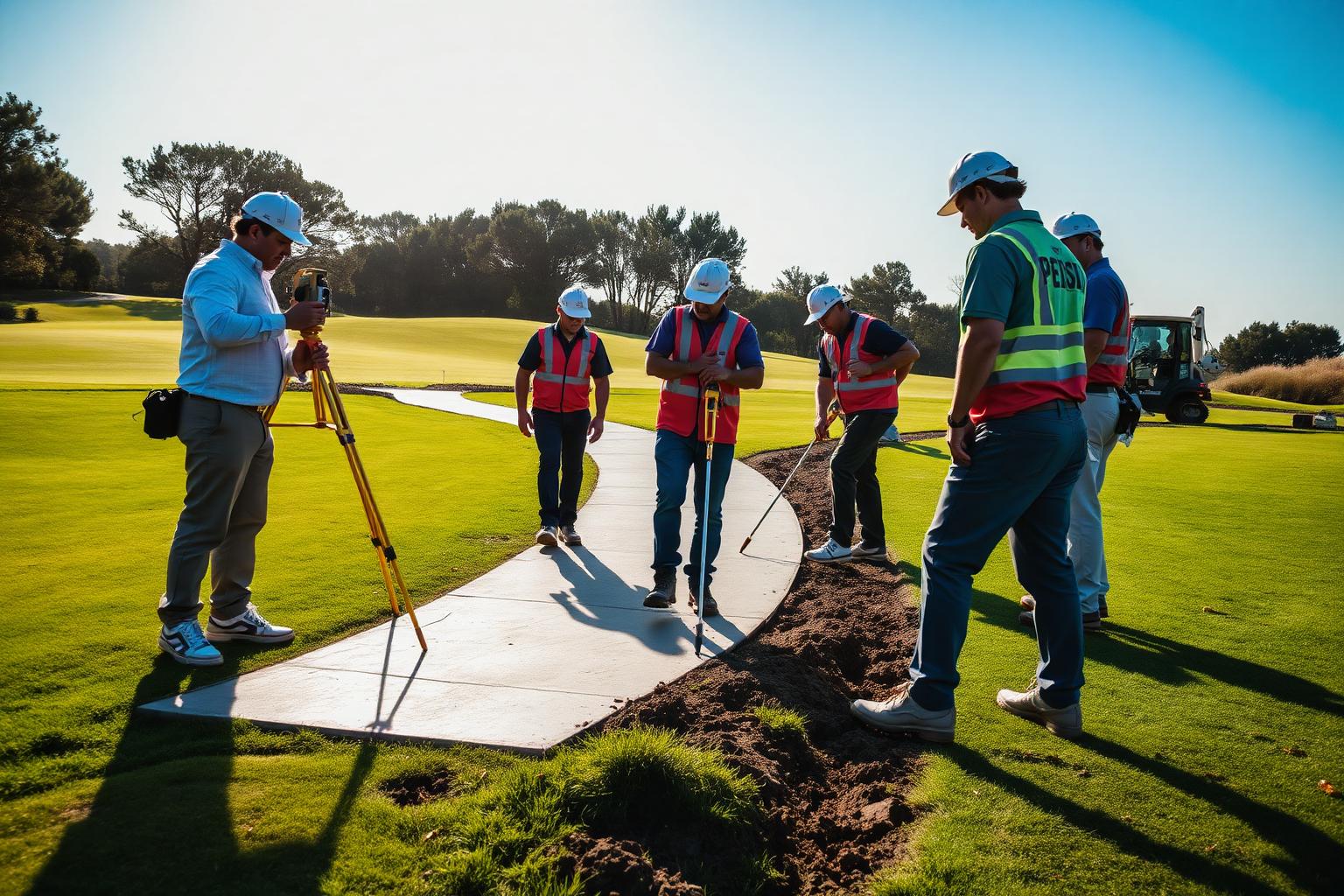 Golf course construction crew with surveying equipment building a new cart path