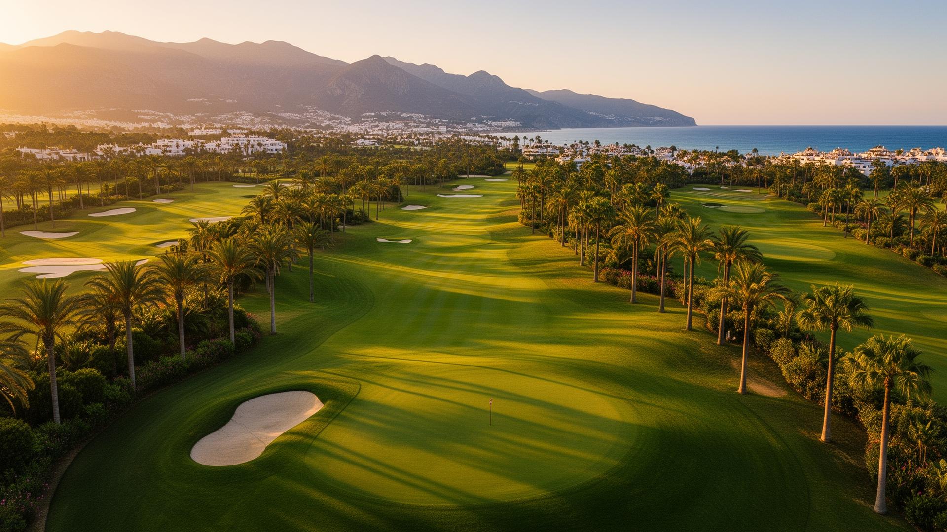 Aerial view of a manicured golf course in Marbella with mountains and sea in the distance